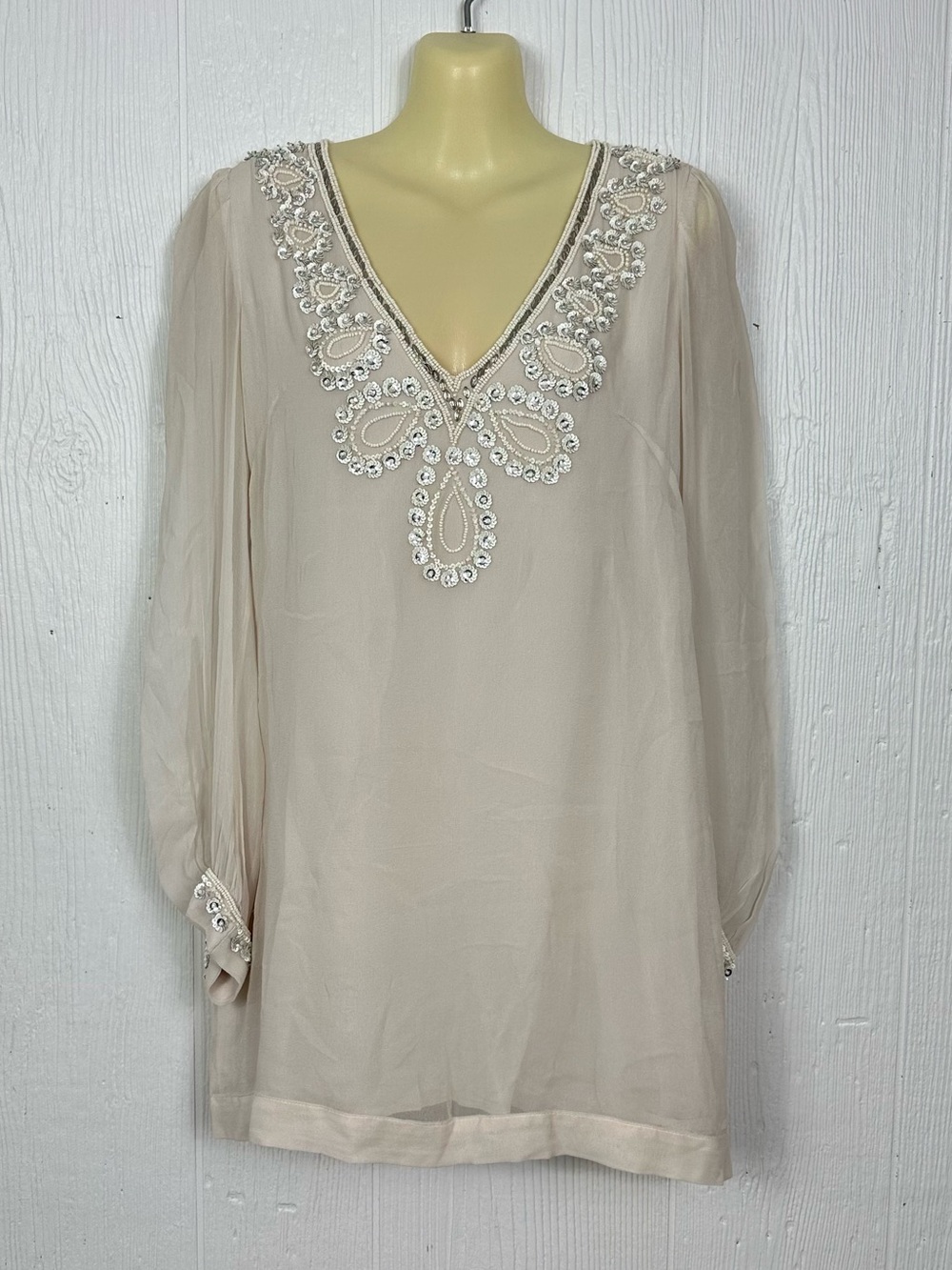 French Connection Silk Beaded Sheer Long Sleeve Boho Beige Cream Blouse 
Medium